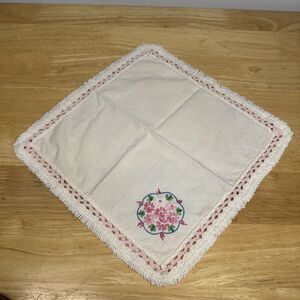 Vintage Hand Embroidered Floral Dresser End Table Scarf 10”x10”